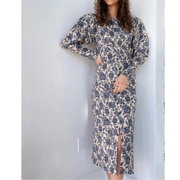 Beautiful Moon River x Anthropologie Blue‎ and Tan Corduroy  Dress Puff Sleeves - Picture 1 of 9